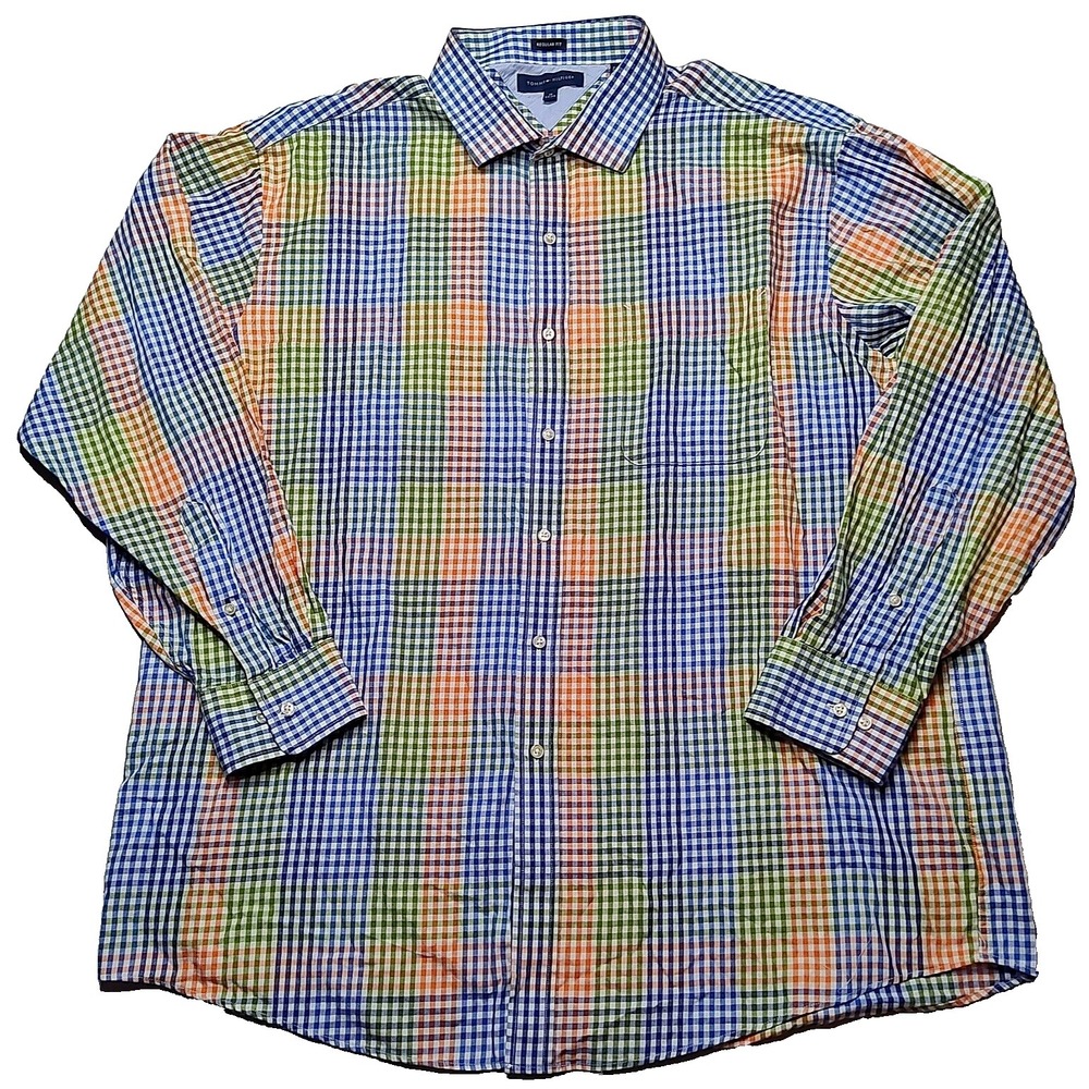 TOMMY HILFIGER Men 18 34-35‎ Regular Fit Blue Green Orange Check Cotton Shirt
